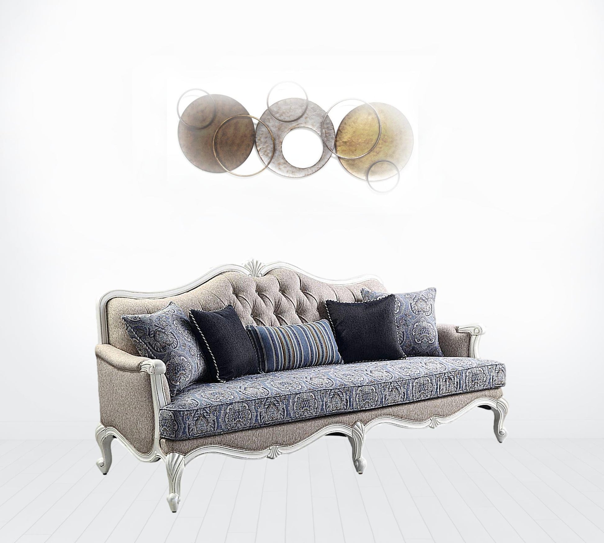 88" Fabric Linen And White Sofa With Five Toss Pillows By Homeroots | Sofas | Modishstore - 3