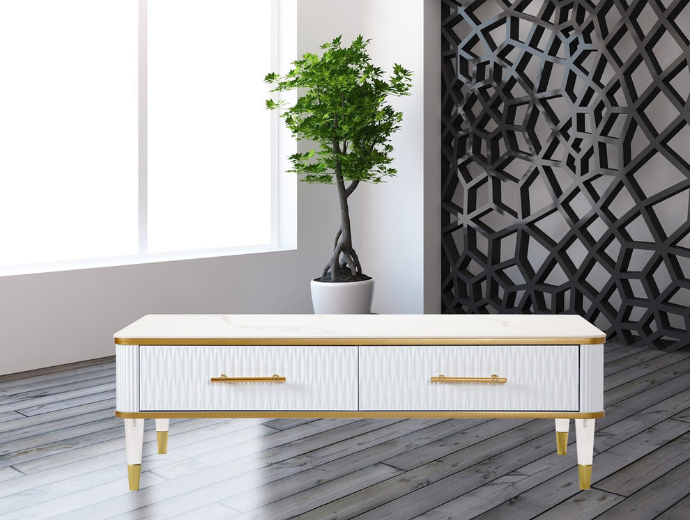 47" White Gold and Faux Stone Rectangular Coffee Table With Drawer By Homeroots | Coffee Tables | Modishstore - 6