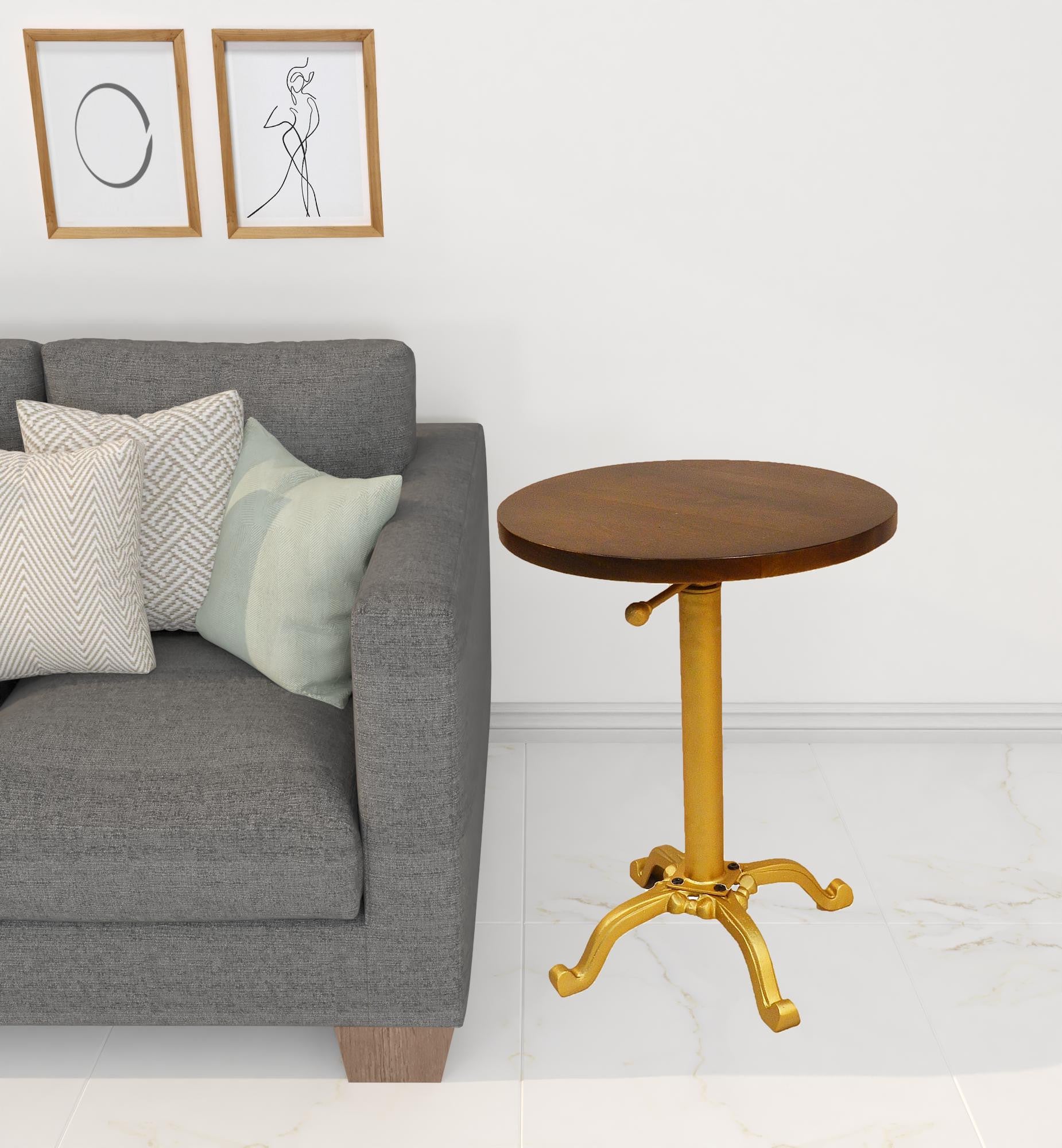 22" Gold And Elm Solid Wood Round End Table By Homeroots | End Tables | Modishstore - 2