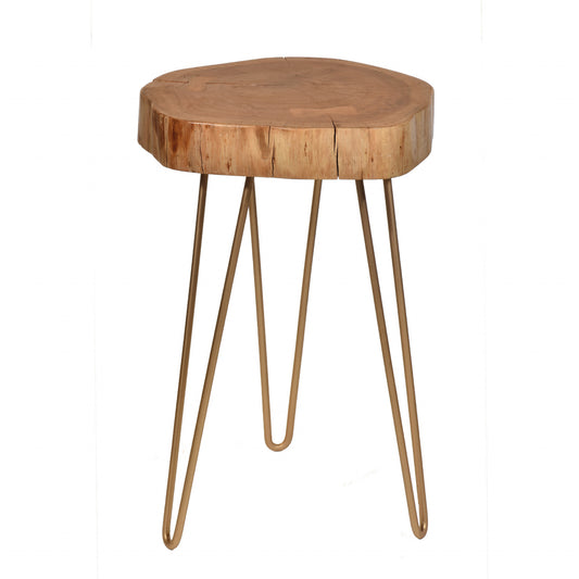 26" Gold And Natural Solid Wood Round End Table By Homeroots