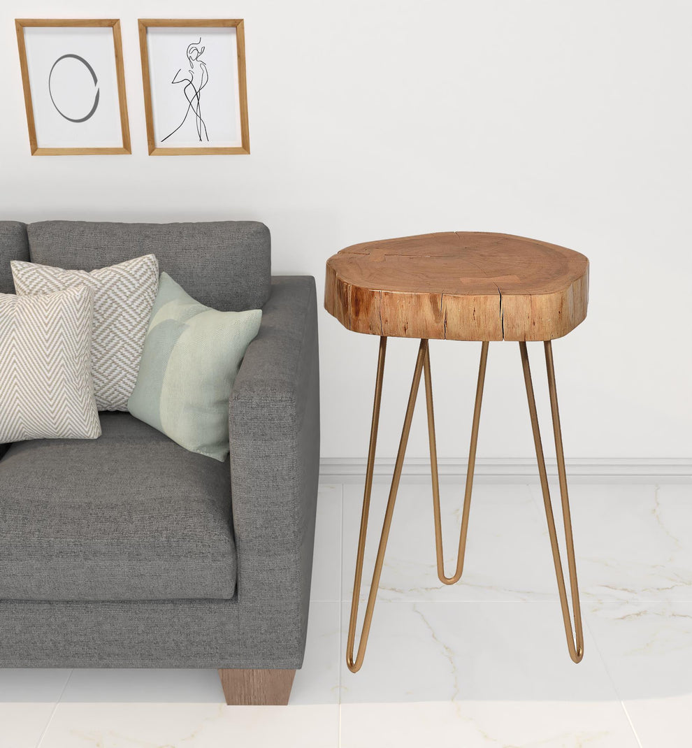 26" Gold And Natural Solid Wood Round End Table By Homeroots | End Tables | Modishstore - 2