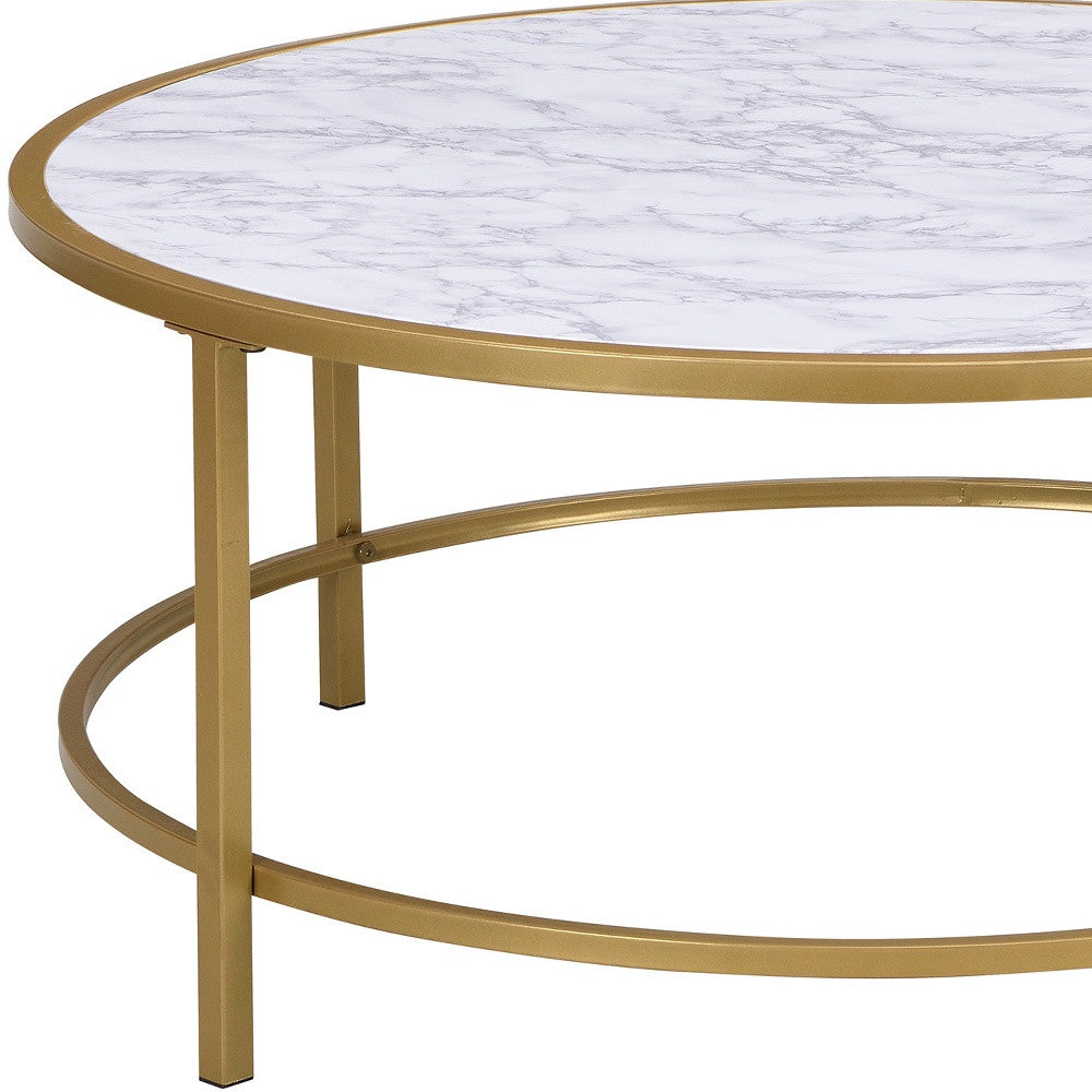 36" White And Gold Faux Marble Round Coffee Table By Homeroots