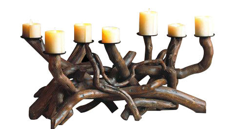 Coral Stone & Teak Wood Candle Holders
