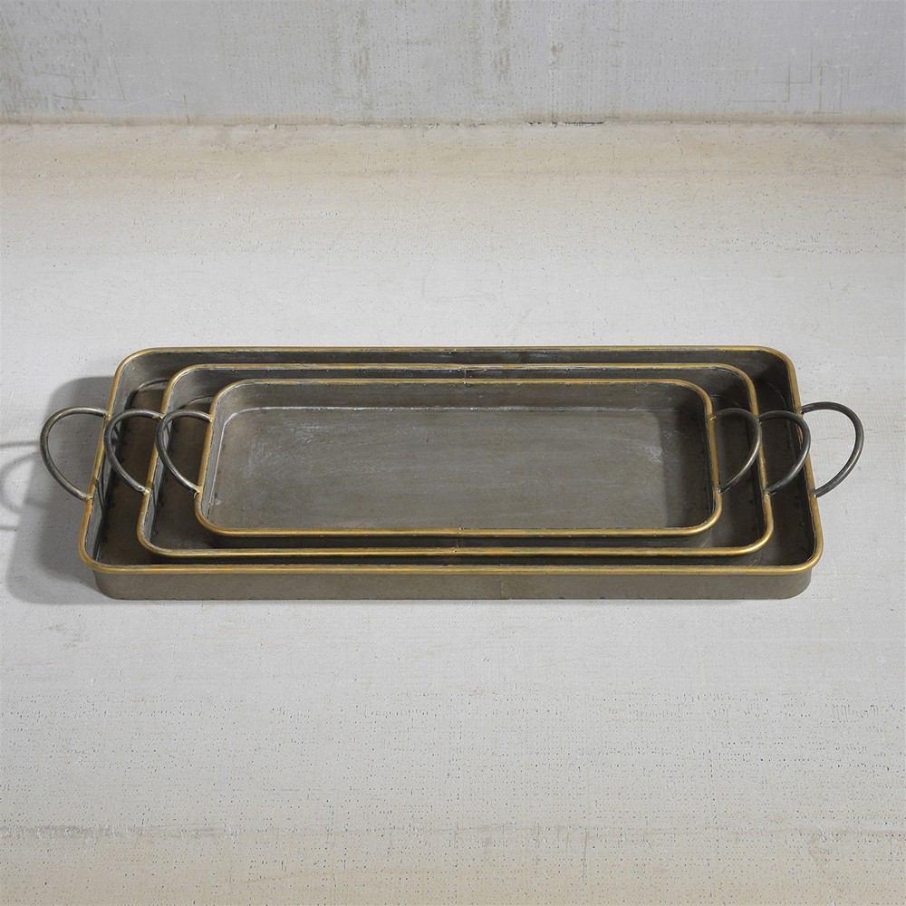 HomArt Archer Galvanized Trays - Set of 3 - Galvanized with Gold Rim - Feature Image | Modishstore | Trays
