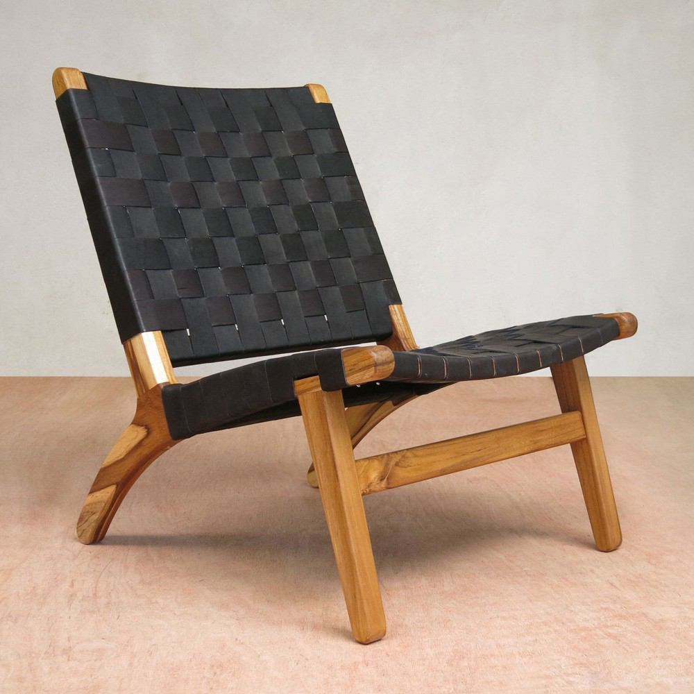 Masaya Lounge Chair - Black Leather And Teak | Lounge Chairs | Modishstore