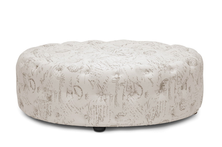Baxton Studio Cardiff Beige Script Print Modern Tufted Ottoman | Modishstore | Ottomans
