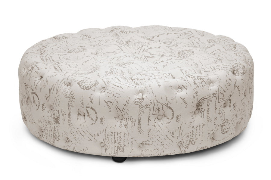 baxton studio cardiff beige script print modern tufted ottoman | Modish Furniture Store-2