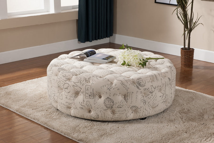 baxton studio cardiff beige script print modern tufted ottoman | Modish Furniture Store-5