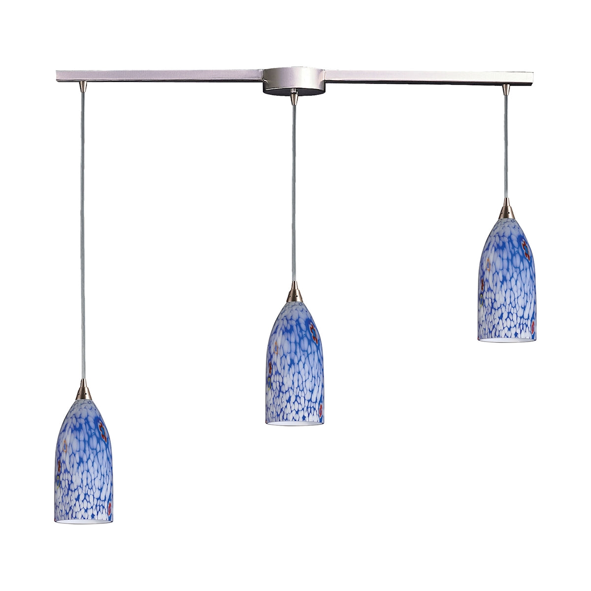 Verona 3-Light Linear Pendant Fixture in Satin Nickel with Starburst Blue Glass ELK Lighting | Pendant Lamps | Modishstore