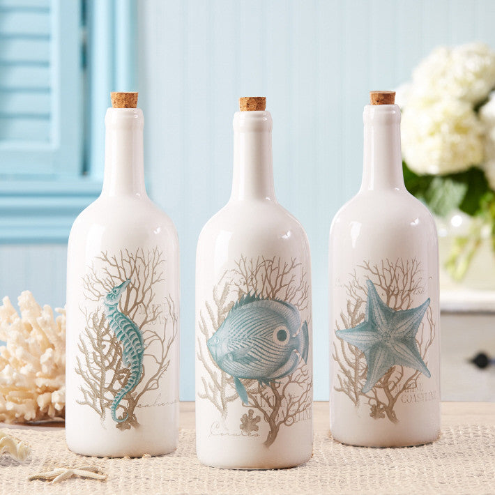 Two's Company White Bottle With Sealife Motif and Cork Set of 3