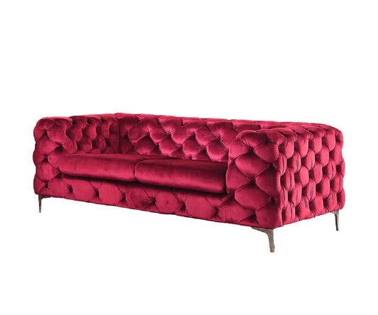 75" Red And Silver Velvet Love Seat By Homeroots