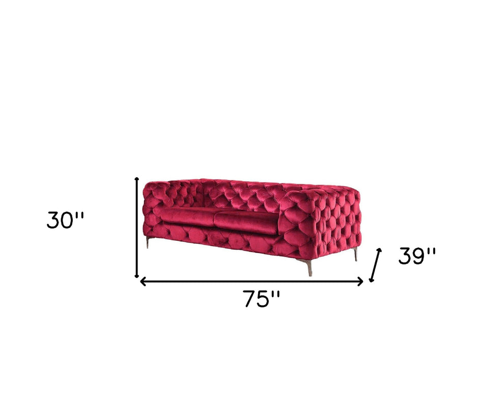 75" Red And Silver Velvet Love Seat By Homeroots | Loveseats | Modishstore - 5