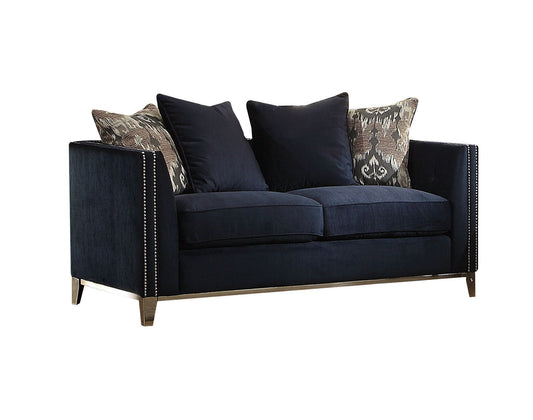 71" Blue And Silver Velvet Love Seat And Toss Pillows By Homeroots