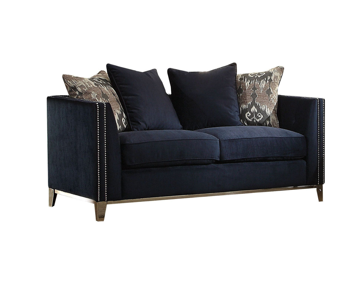 71" Blue And Silver Velvet Love Seat And Toss Pillows By Homeroots | Loveseats | Modishstore