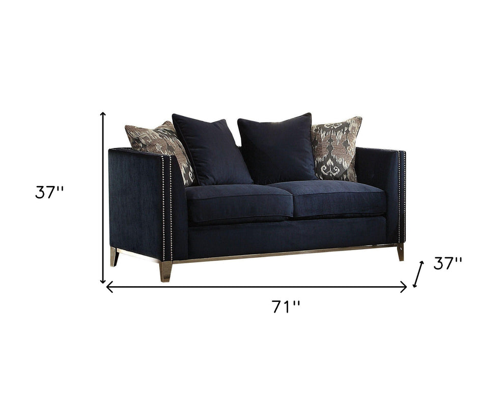 71" Blue And Silver Velvet Love Seat And Toss Pillows By Homeroots | Loveseats | Modishstore - 5