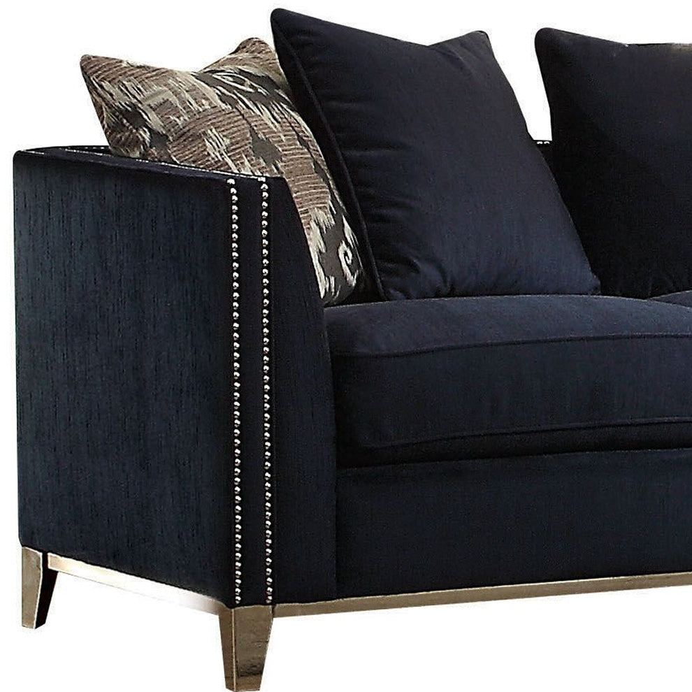 71" Blue And Silver Velvet Love Seat And Toss Pillows By Homeroots | Loveseats | Modishstore - 4