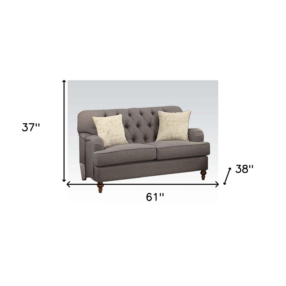 61" Dark Gray And Brown Linen Curved Love Seat And Toss Pillows By Homeroots | Loveseats | Modishstore - 5