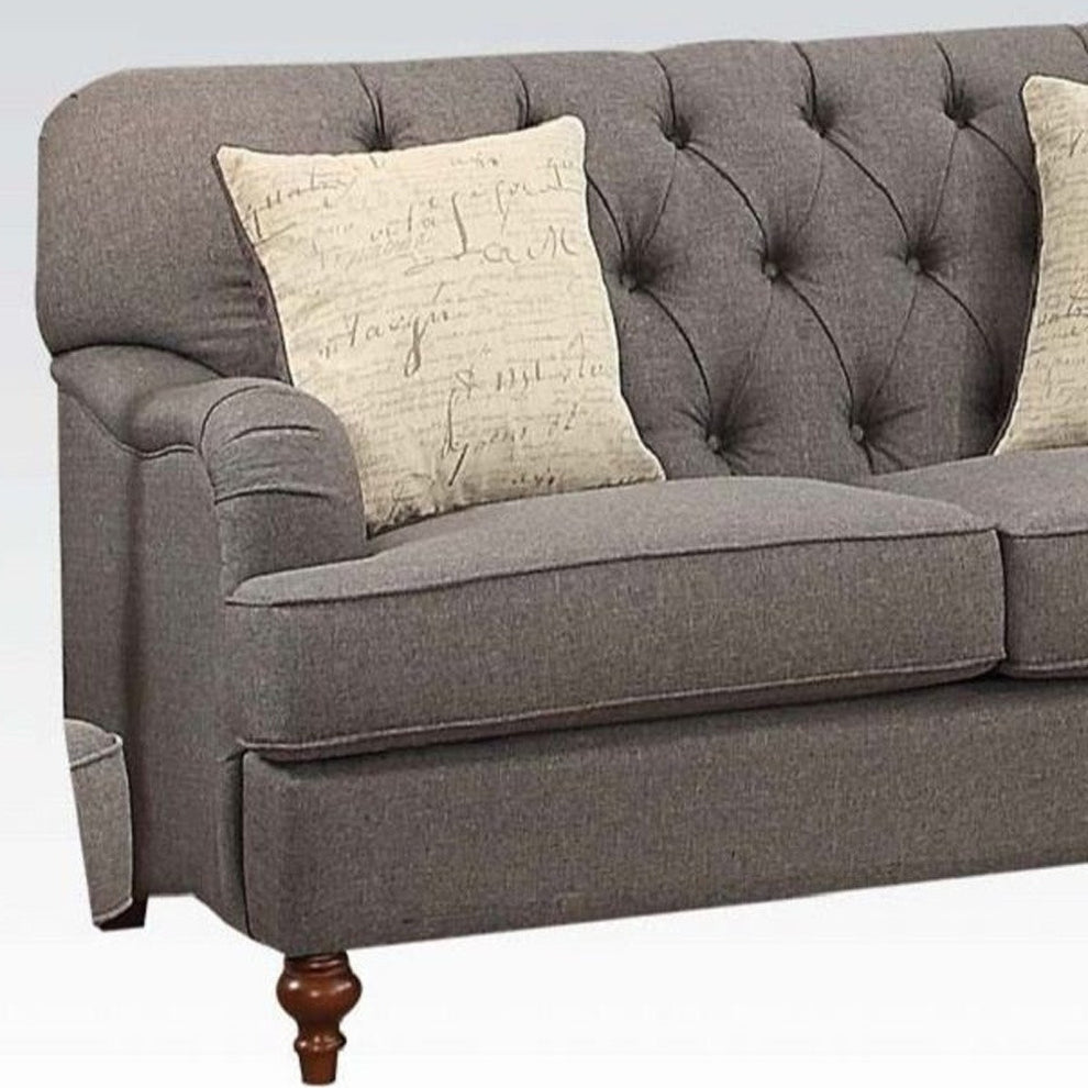 61" Dark Gray And Brown Linen Curved Love Seat And Toss Pillows By Homeroots | Loveseats | Modishstore - 4
