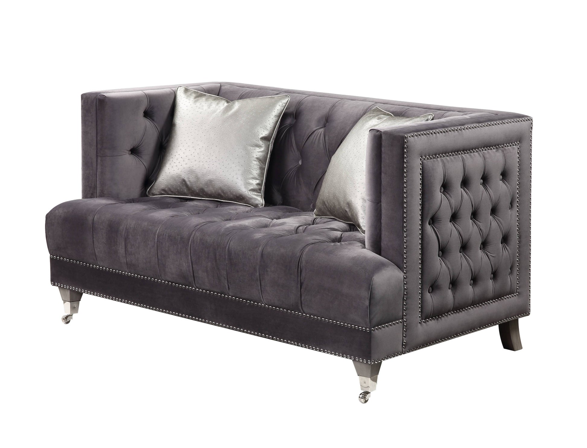 61" Gray And Silver Velvet Love Seat And Toss Pillows By Homeroots | Loveseats | Modishstore