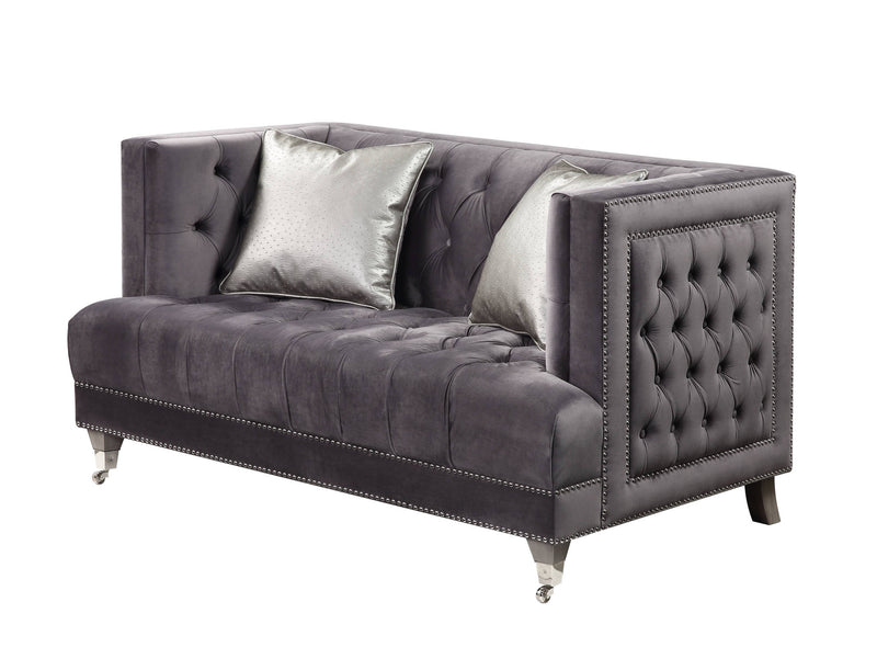 61" Gray And Silver Velvet Love Seat And Toss Pillows By Homeroots | Loveseats | Modishstore
