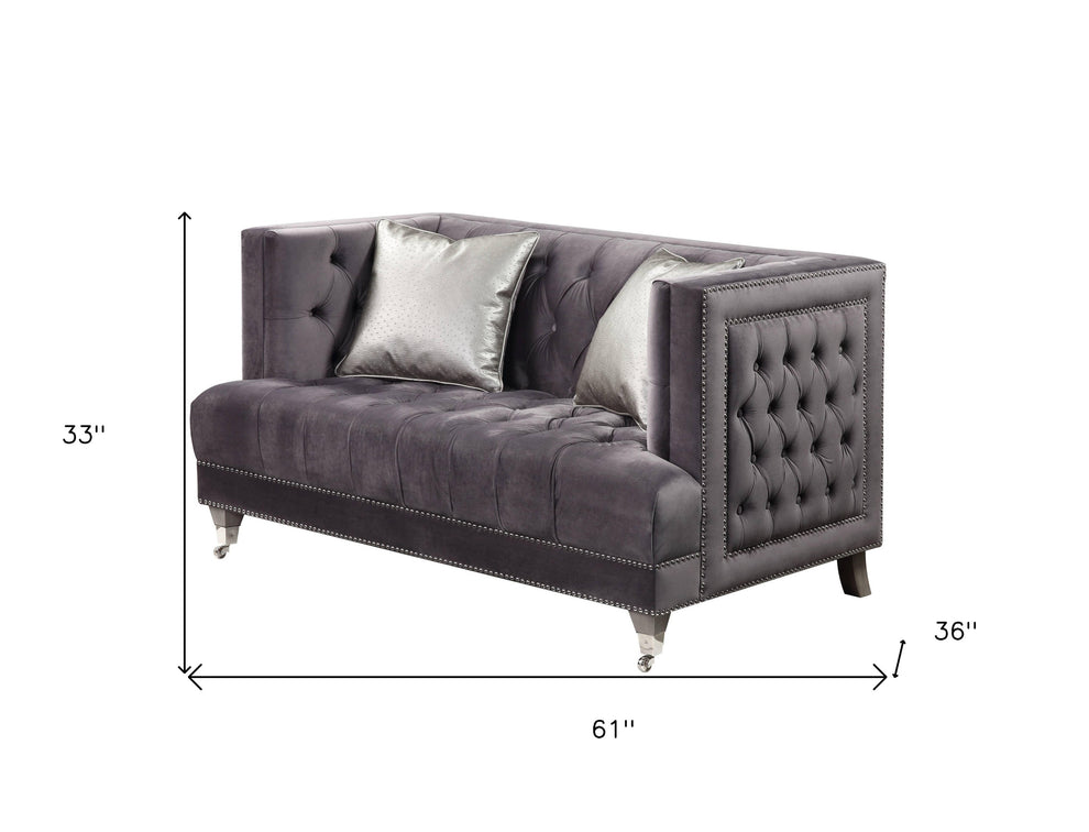 61" Gray And Silver Velvet Love Seat And Toss Pillows By Homeroots | Loveseats | Modishstore - 5