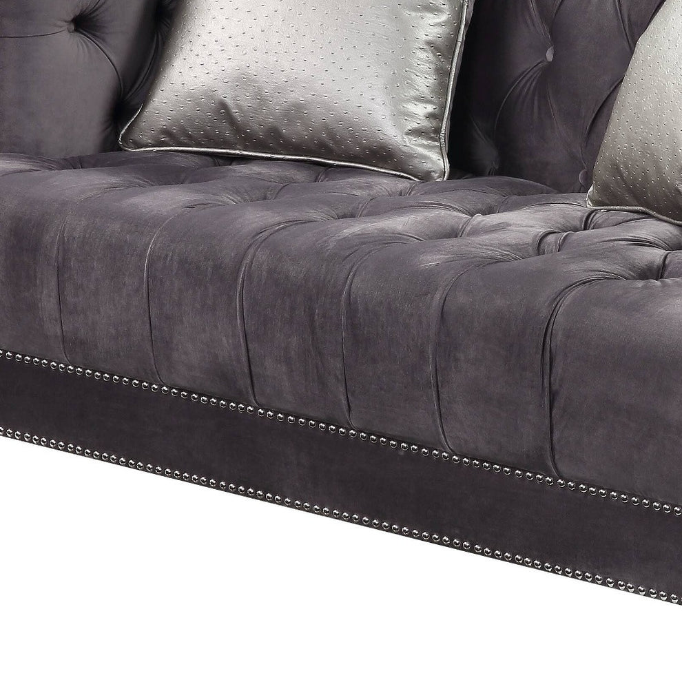 61" Gray And Silver Velvet Love Seat And Toss Pillows By Homeroots | Loveseats | Modishstore - 3