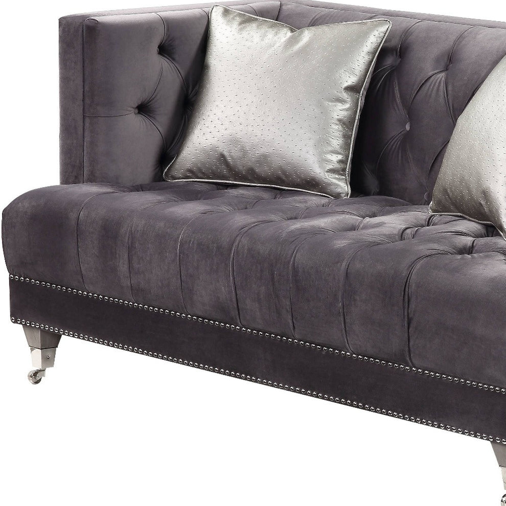61" Gray And Silver Velvet Love Seat And Toss Pillows By Homeroots | Loveseats | Modishstore - 4