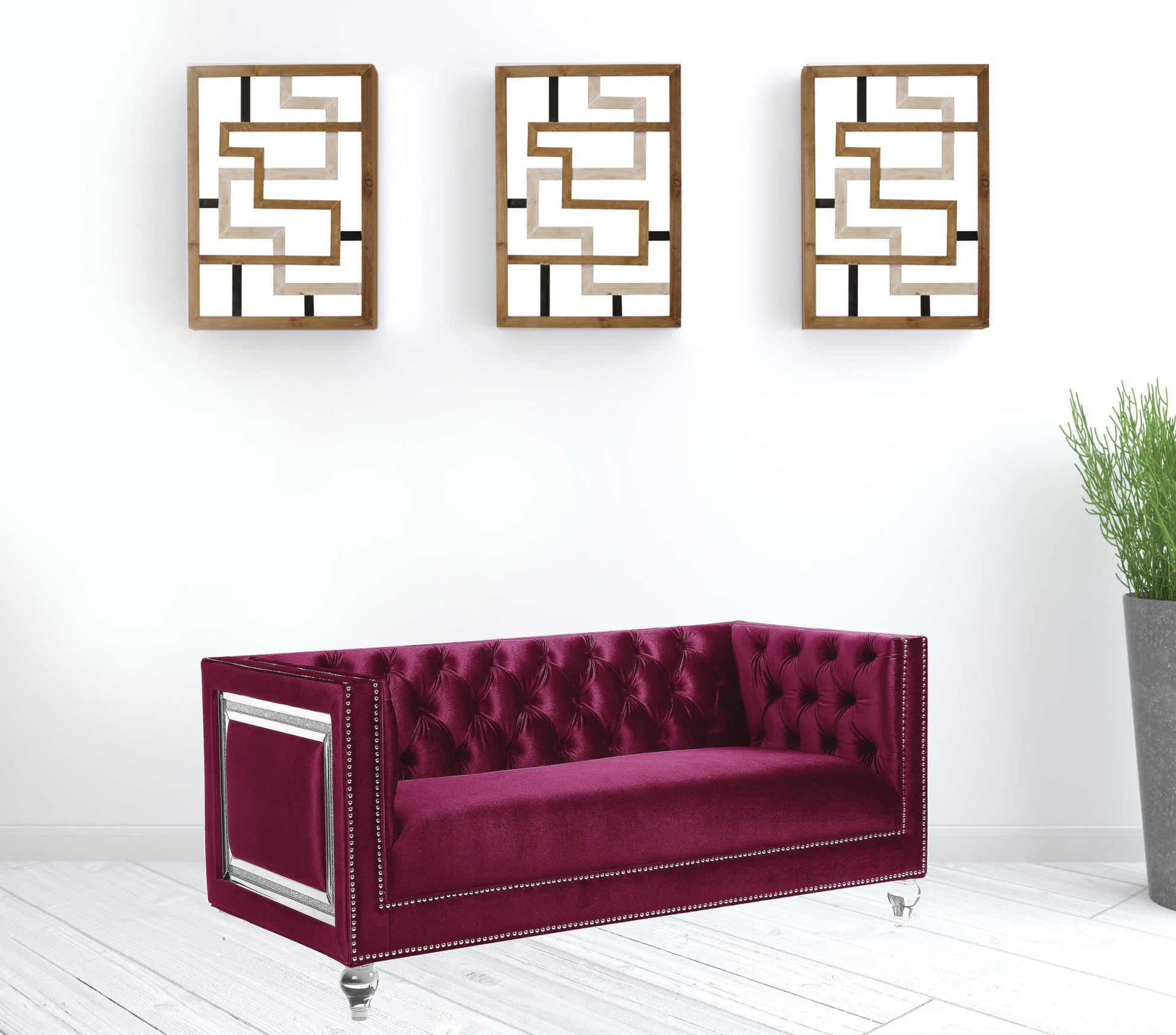 67" Burgundy And Silver Velvet Love Seat And Toss Pillows By Homeroots | Loveseats | Modishstore - 2