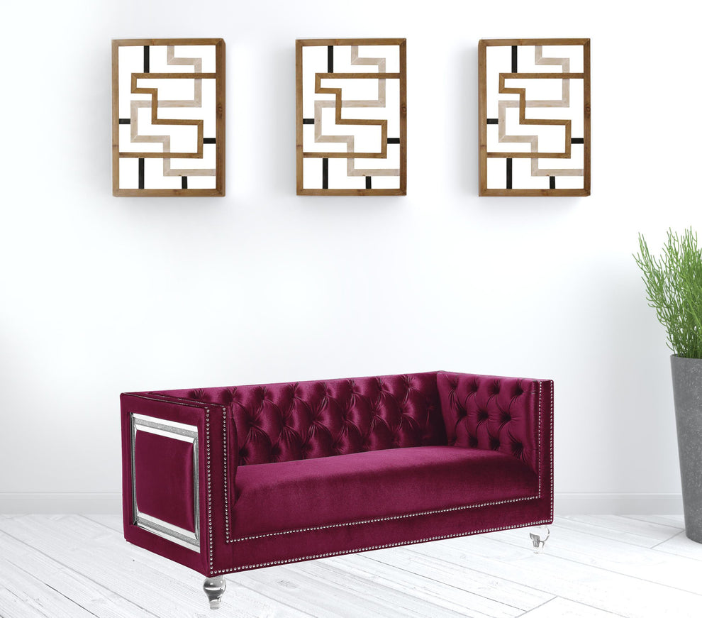 67" Burgundy And Silver Velvet Love Seat And Toss Pillows By Homeroots | Loveseats | Modishstore - 2