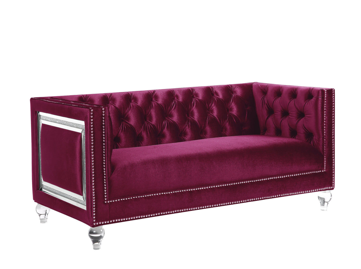 67" Burgundy And Silver Velvet Love Seat And Toss Pillows By Homeroots | Loveseats | Modishstore