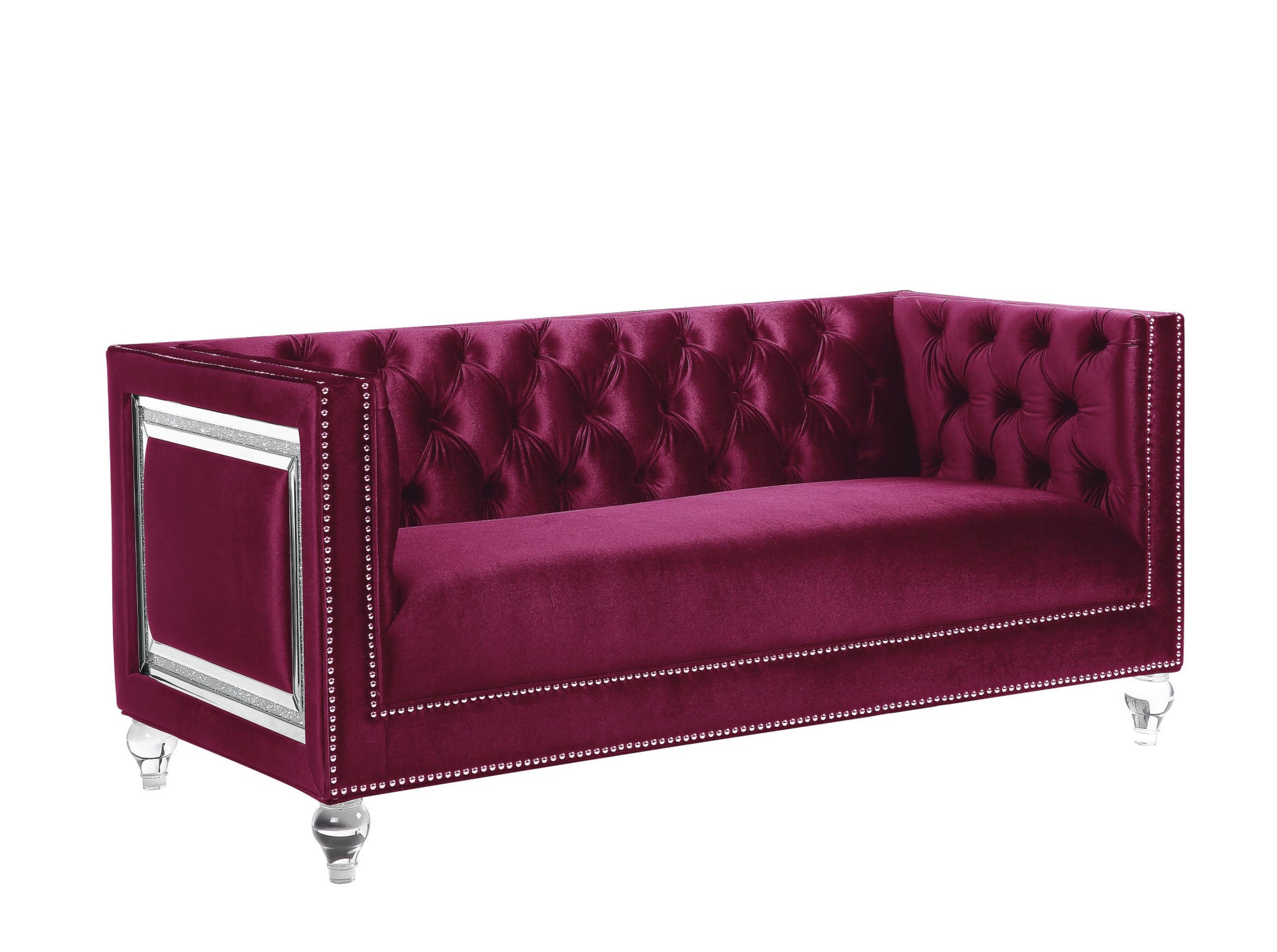 67" Burgundy And Silver Velvet Love Seat And Toss Pillows By Homeroots | Loveseats | Modishstore