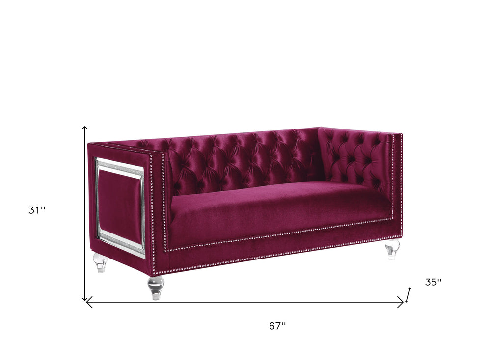 67" Burgundy And Silver Velvet Love Seat And Toss Pillows By Homeroots | Loveseats | Modishstore - 4