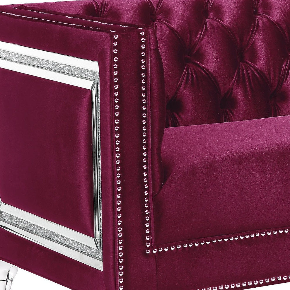 67" Burgundy And Silver Velvet Love Seat And Toss Pillows By Homeroots | Loveseats | Modishstore - 3