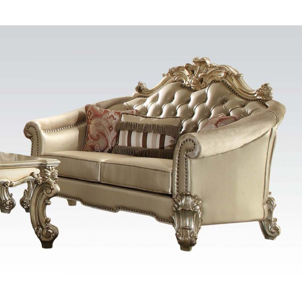 67" Bone And Gold Faux Leather Love Seat And Toss Pillows By Homeroots