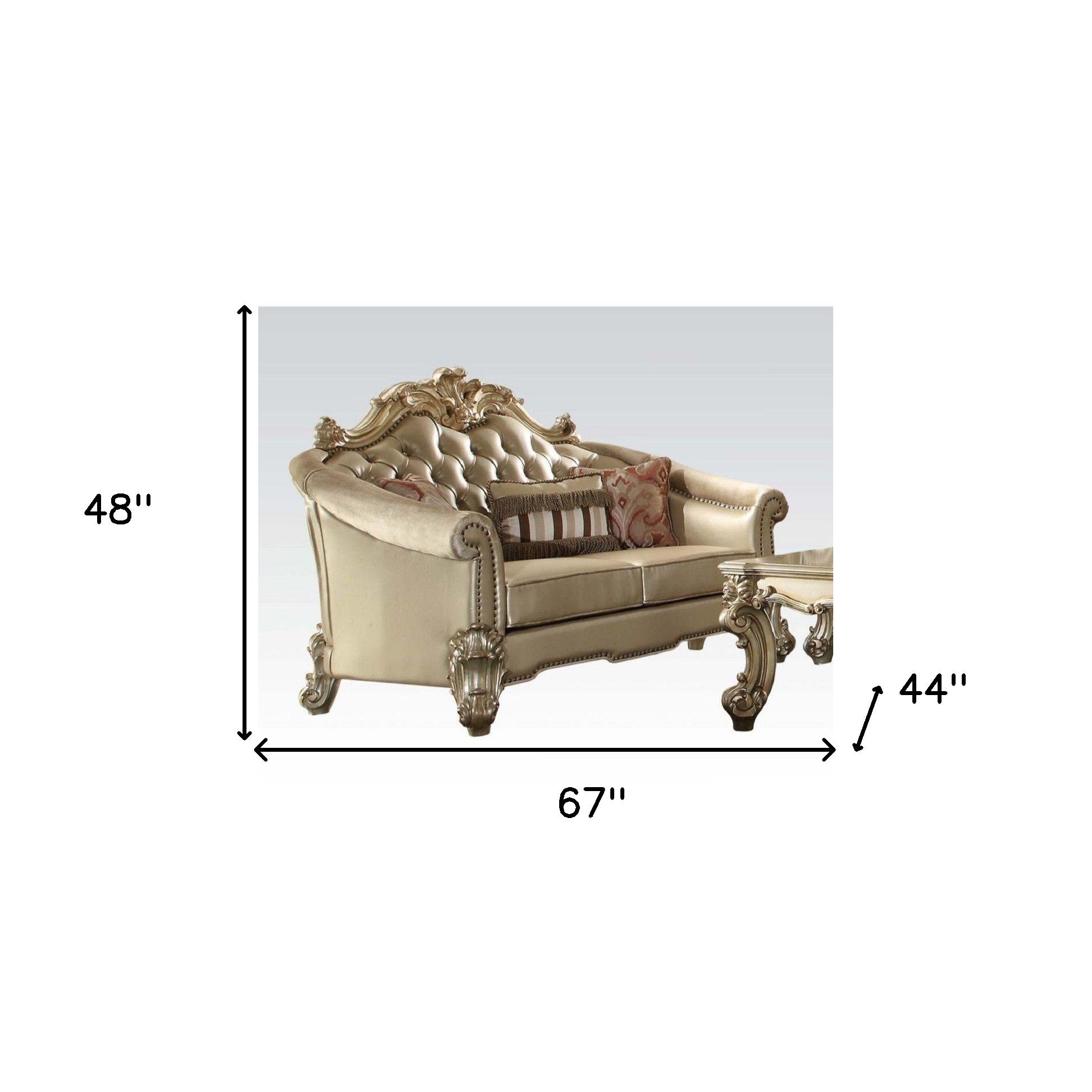 67" Bone And Gold Faux Leather Love Seat And Toss Pillows By Homeroots | Loveseats | Modishstore - 5