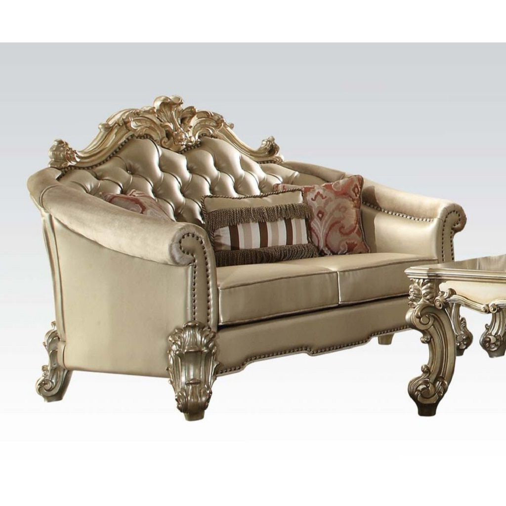 67" Bone And Gold Faux Leather Love Seat And Toss Pillows By Homeroots | Loveseats | Modishstore - 4