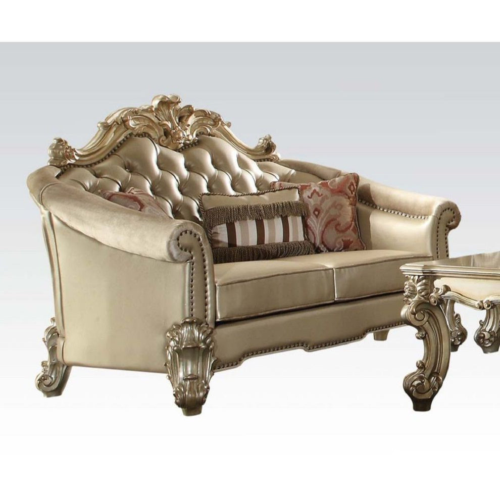 67" Bone And Gold Faux Leather Love Seat And Toss Pillows By Homeroots | Loveseats | Modishstore - 4