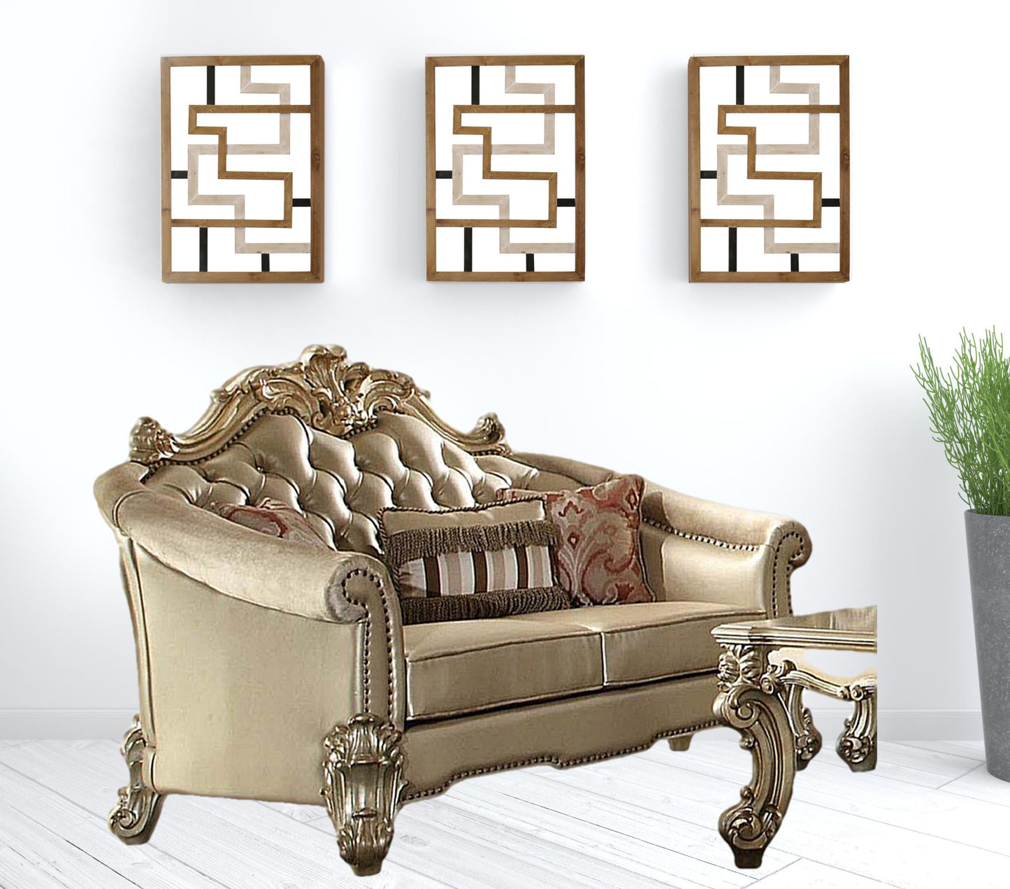 67" Bone And Gold Faux Leather Love Seat And Toss Pillows By Homeroots | Loveseats | Modishstore - 2