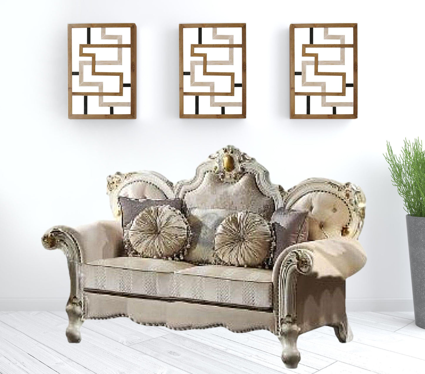 70" Gold And Pearl Velvet Love Seat And Toss Pillows By Homeroots | Loveseats | Modishstore - 2