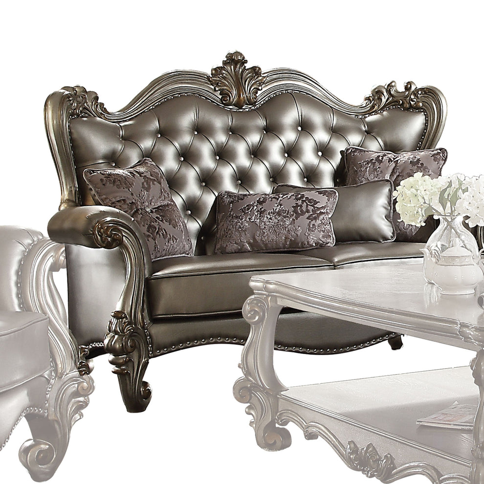 70" Silver And Platinum Faux Leather Love Seat And Toss Pillows By Homeroots | Loveseats | Modishstore - 3