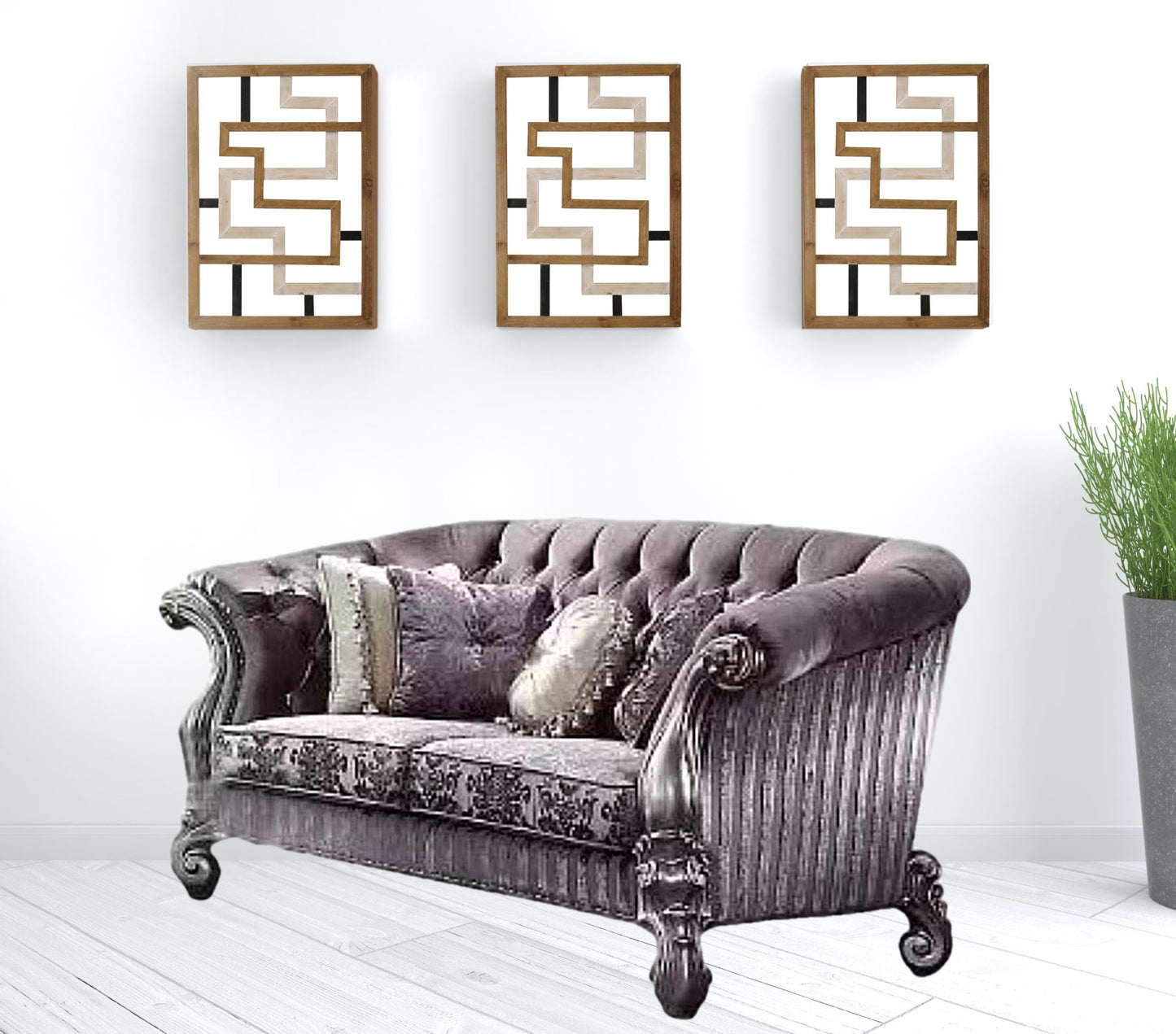 76" Purple And Platinum Velvet Love Seat And Toss Pillows By Homeroots | Loveseats | Modishstore - 2