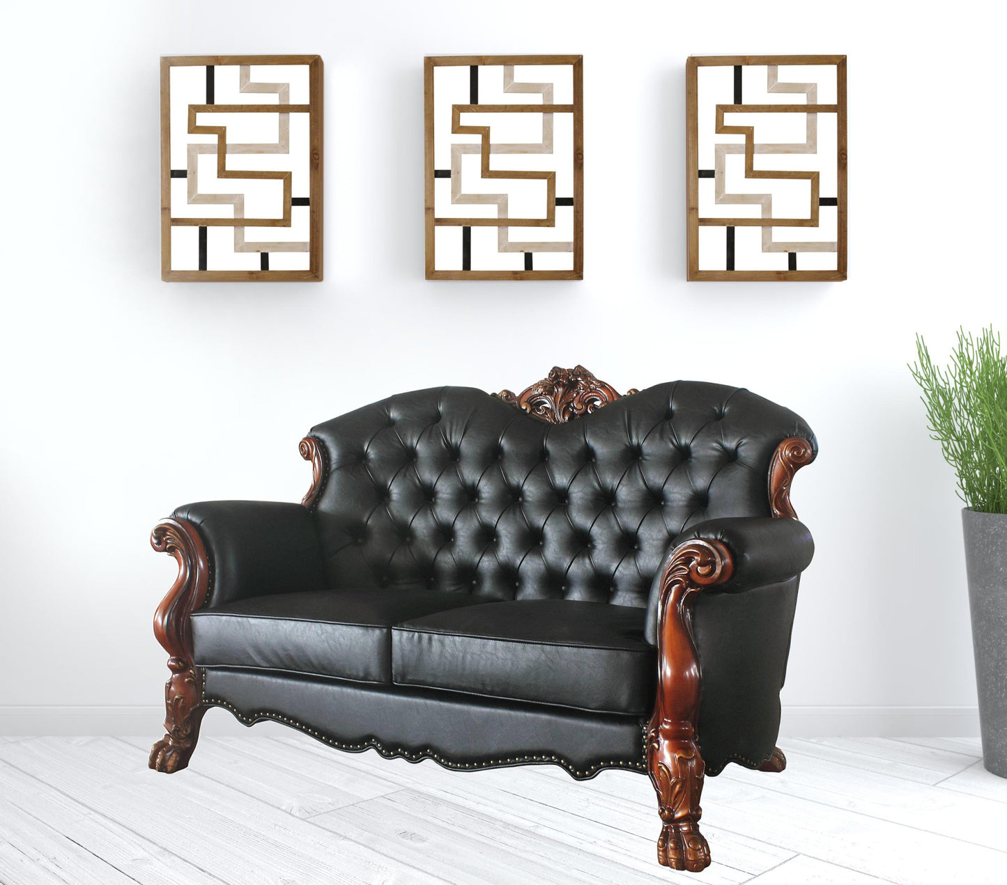 71" Black And Brown Faux Leather Love Seat And Toss Pillows By Homeroots | Loveseats | Modishstore - 2