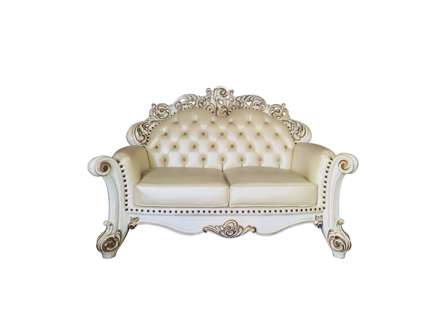 70" Champagne And Pearl Faux Leather Love Seat And Toss Pillows By Homeroots | Loveseats | Modishstore