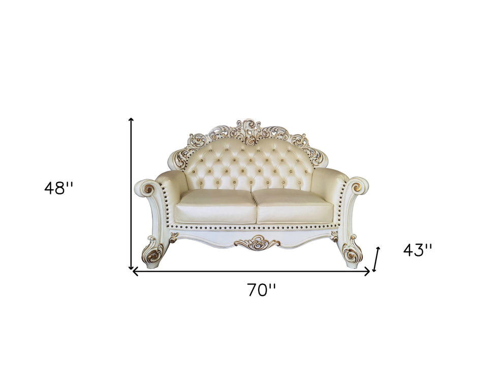 70" Champagne And Pearl Faux Leather Love Seat And Toss Pillows By Homeroots | Loveseats | Modishstore - 5