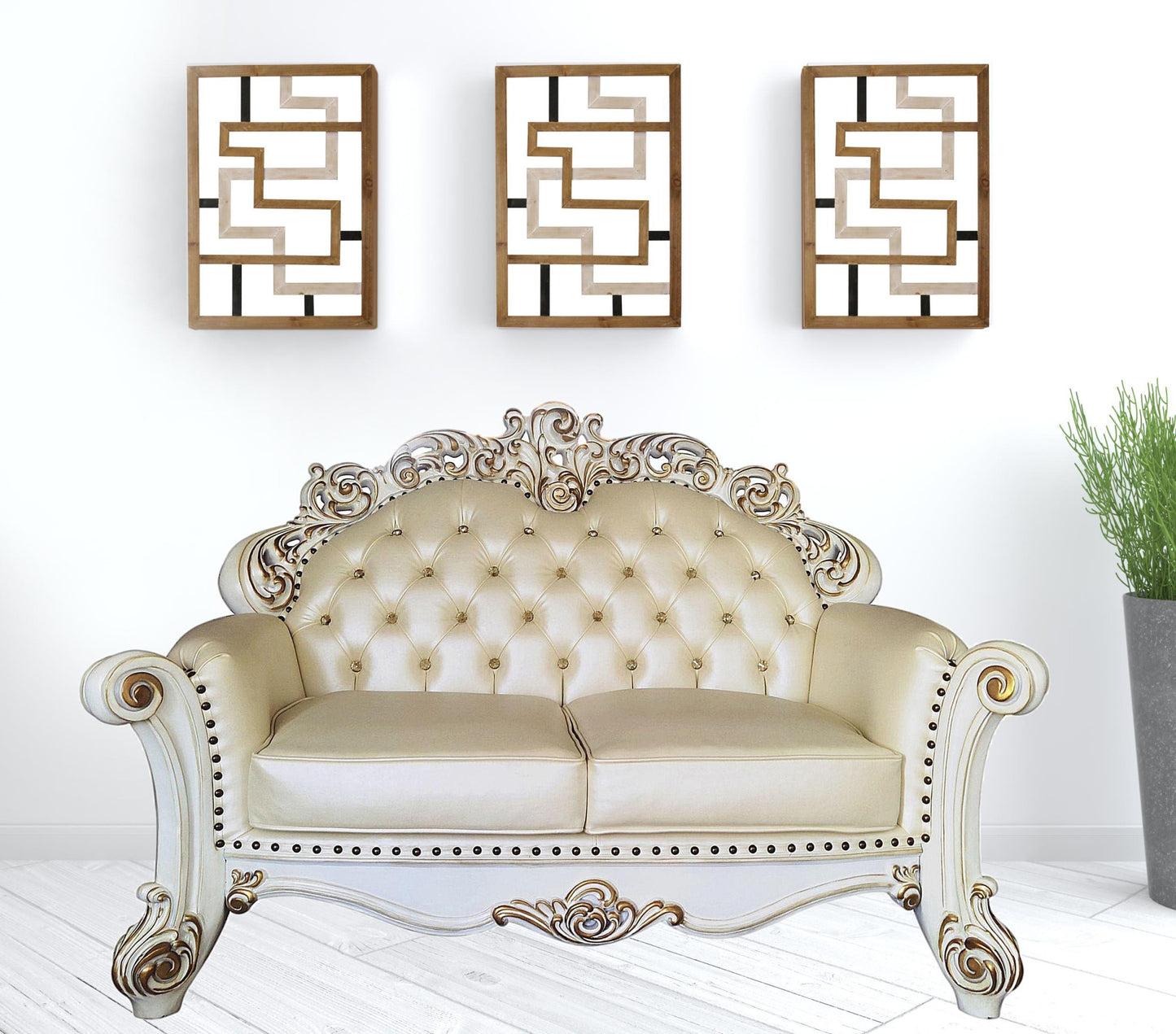 70" Champagne And Pearl Faux Leather Love Seat And Toss Pillows By Homeroots | Loveseats | Modishstore - 2