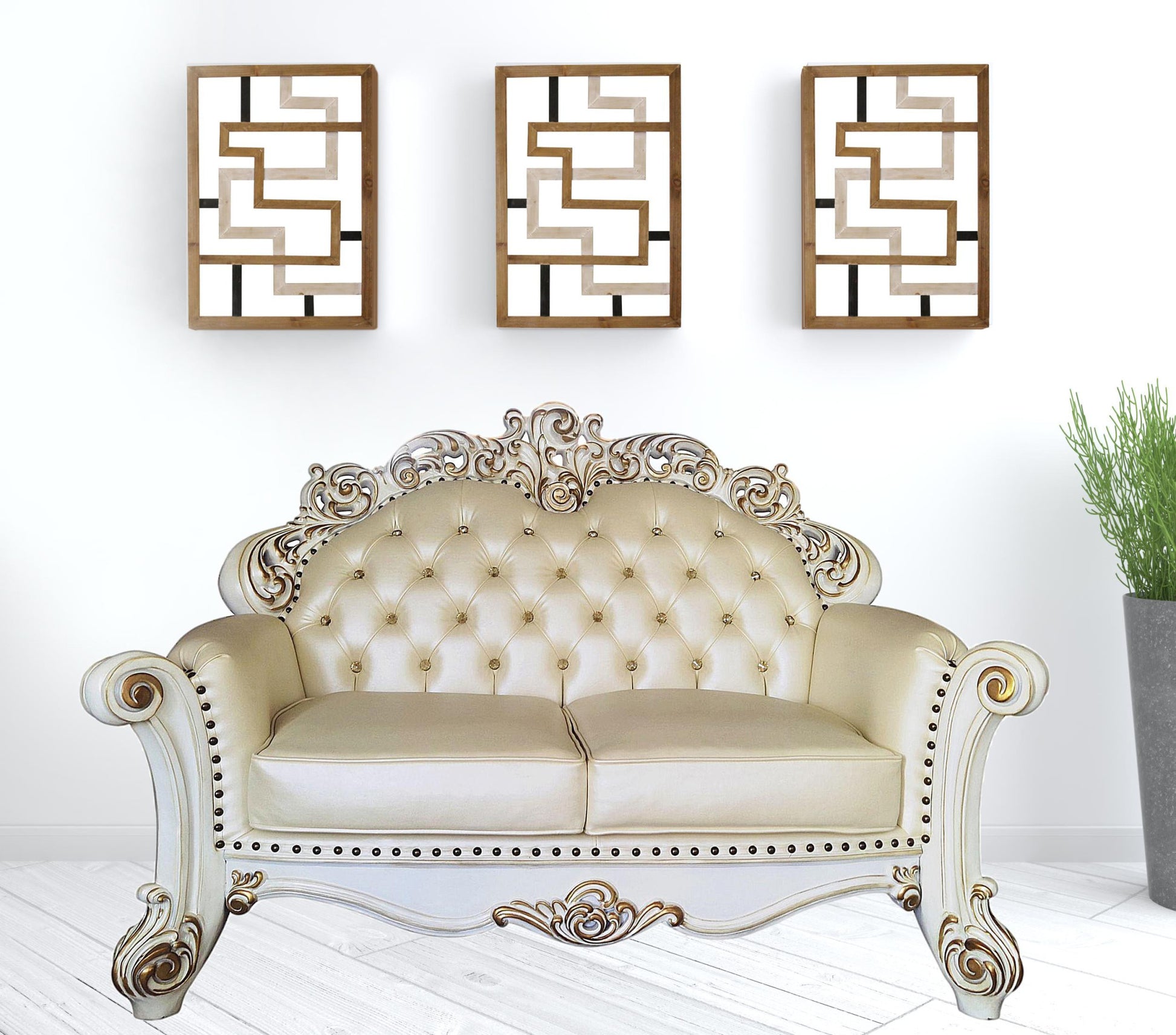 70" Champagne And Pearl Faux Leather Love Seat And Toss Pillows By Homeroots | Loveseats | Modishstore - 2