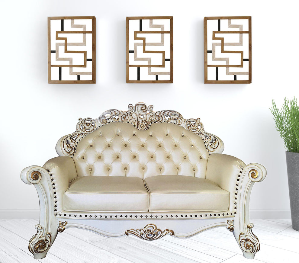 70" Champagne And Pearl Faux Leather Love Seat And Toss Pillows By Homeroots | Loveseats | Modishstore - 2