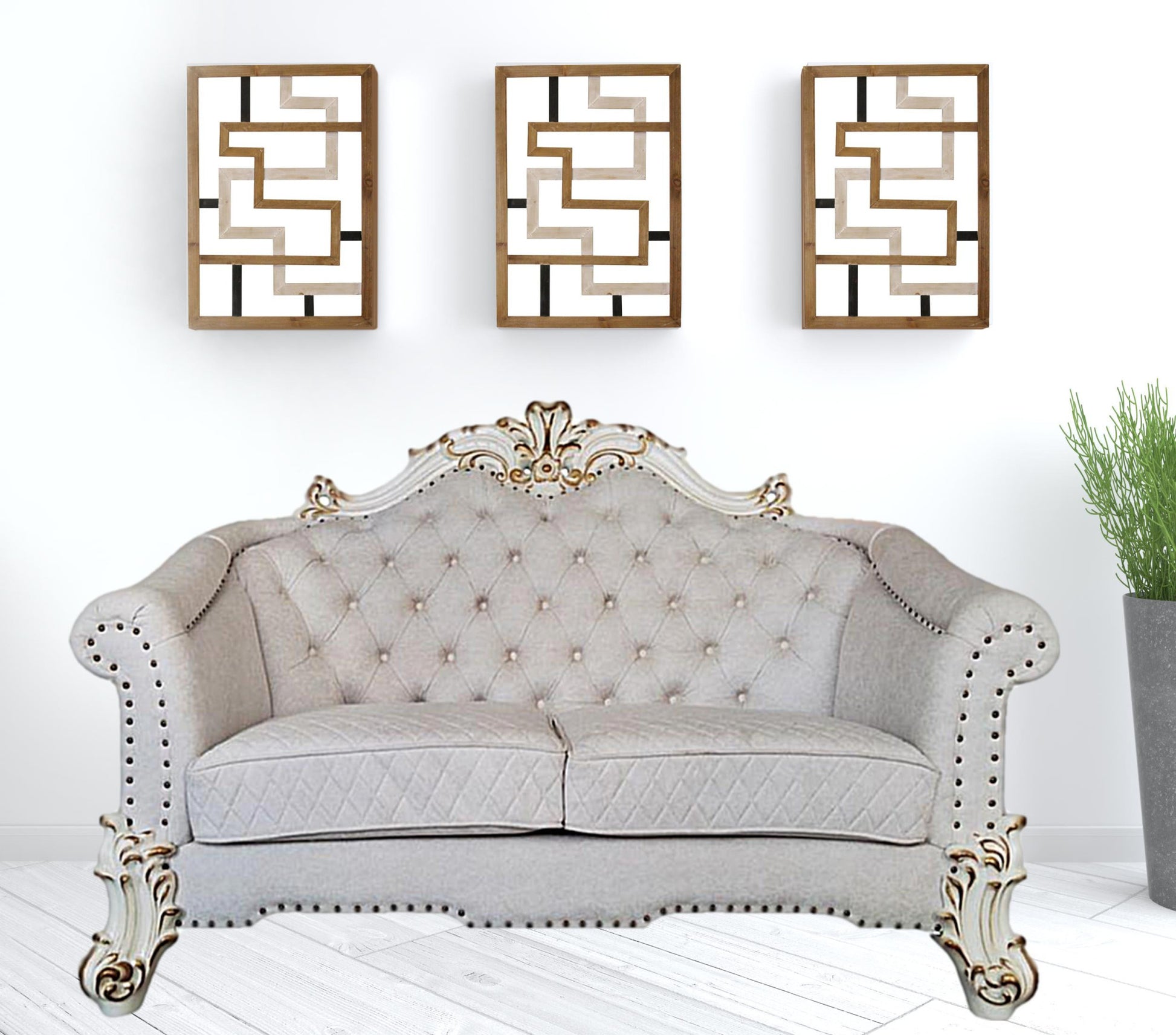 66" Two Tone Ivory And Pearl Velvet Love Seat And Toss Pillows By Homeroots | Loveseats | Modishstore - 2