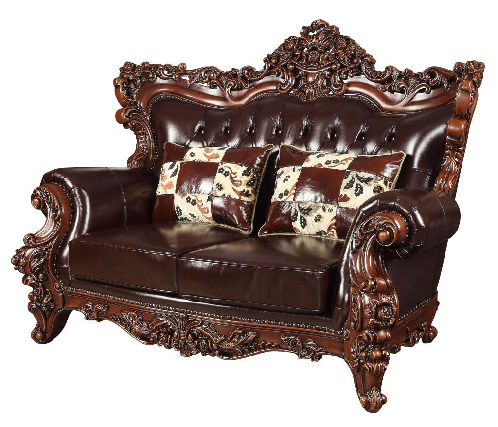 71" Espresso And Brown Faux Leather Curved Love Seat By Homeroots | Loveseats | Modishstore