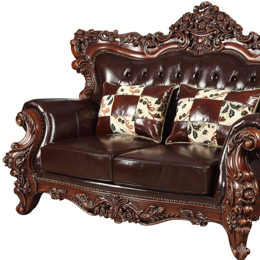 71" Espresso And Brown Faux Leather Curved Love Seat By Homeroots | Loveseats | Modishstore - 4